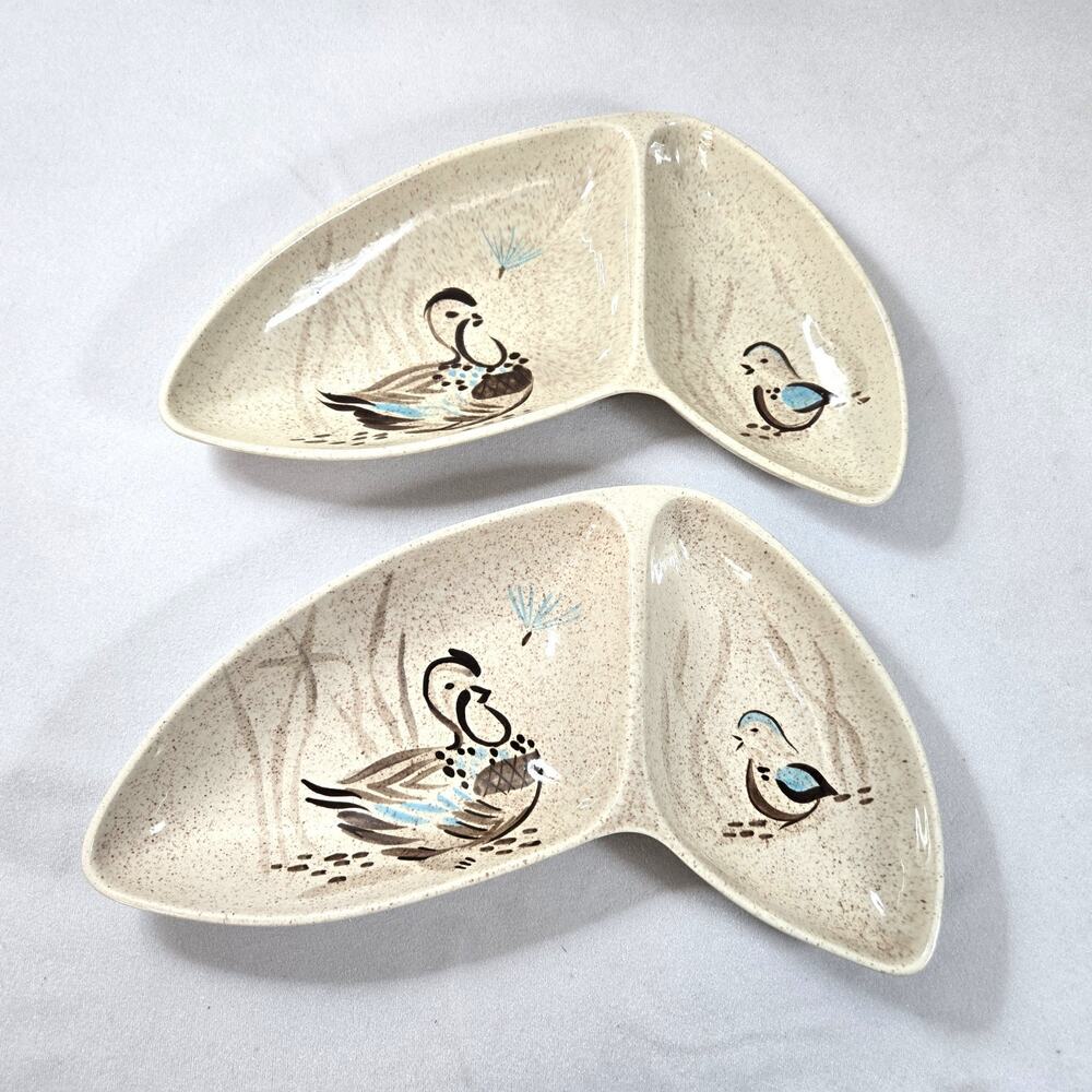 Red Wing Bob White Quail 14.5" Divided Relish Dishes Lot of 2 MCM USA Vintage
